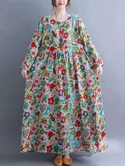 Long Sleeve O-Neck Floral Vintage Spring Autumn Blue Dresses For Women 2026 Casual Loose Elegant Office Lady Dress Femme Clothes