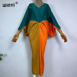 plissado mulher vestido hit cor v colarinho batwing manga longa solta bezerro vestidos de comprimento longo estilo casual 2021