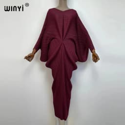 plissado mulher vestido hit cor v colarinho batwing manga longa solta bezerro vestidos de comprimento longo estilo casual 2021