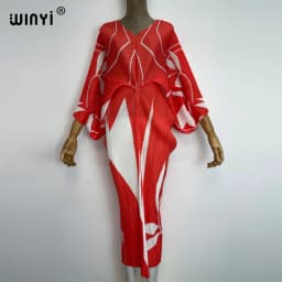 plissado mulher vestido hit cor v colarinho batwing manga longa solta bezerro vestidos de comprimento longo estilo casual 2021