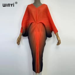 plissado mulher vestido hit cor v colarinho batwing manga longa solta bezerro vestidos de comprimento longo estilo casual 2021