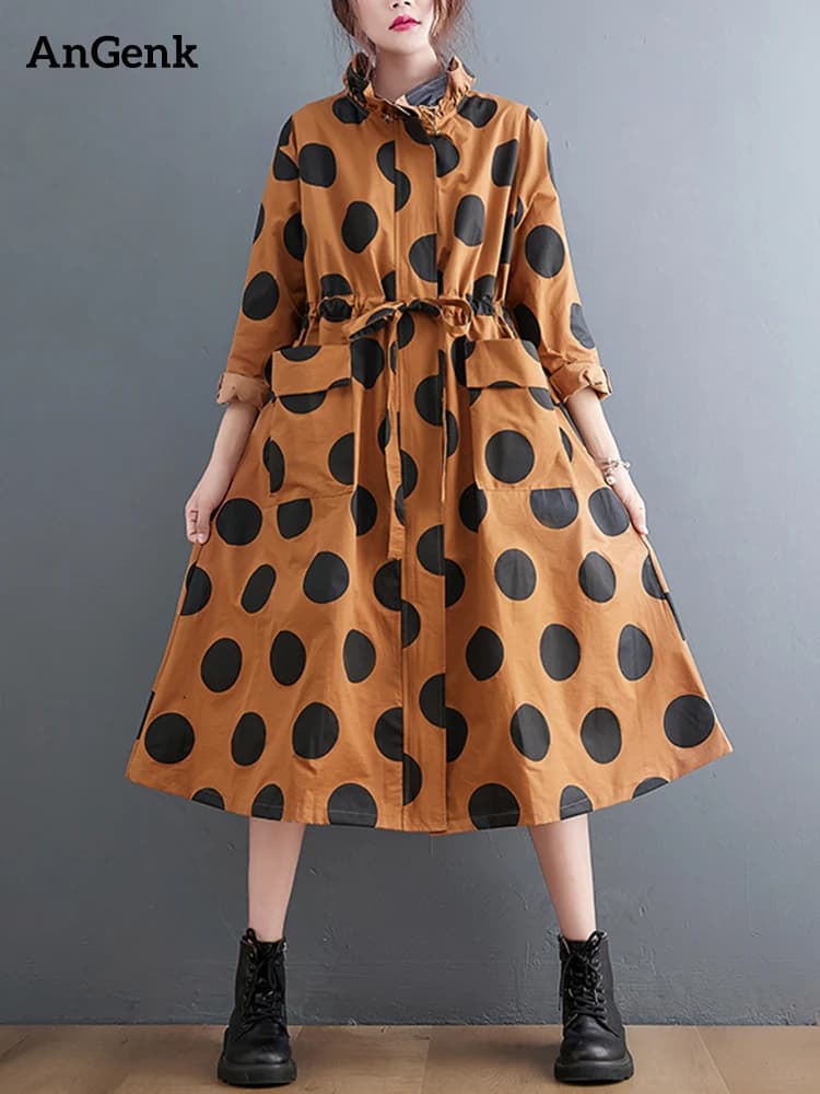 2026 Autumn Winter Oversized Polka Dot Long Trench Coat For Women Clothes Stand Collar Drawstring Fashion Casual Loose Outerwear
