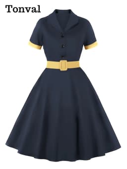 Tonval Women Cotton Rockabilly Vintage Belt Dress Turn-Down Collar Short Sleeve A-Line Summer Dresses Solid and Plaid