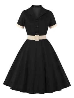 Tonval Women Cotton Rockabilly Vintage Belt Dress Turn-Down Collar Short Sleeve A-Line Summer Dresses Solid and Plaid