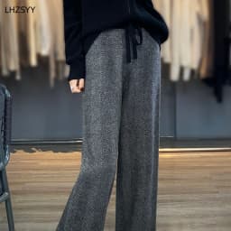 LHZSYY Autumn Winter New 100%Pure Wool Wide-Leg Pants Women' High-Waist Korean Straight Leg Pants Loose Wear Cashmere Knit Pants