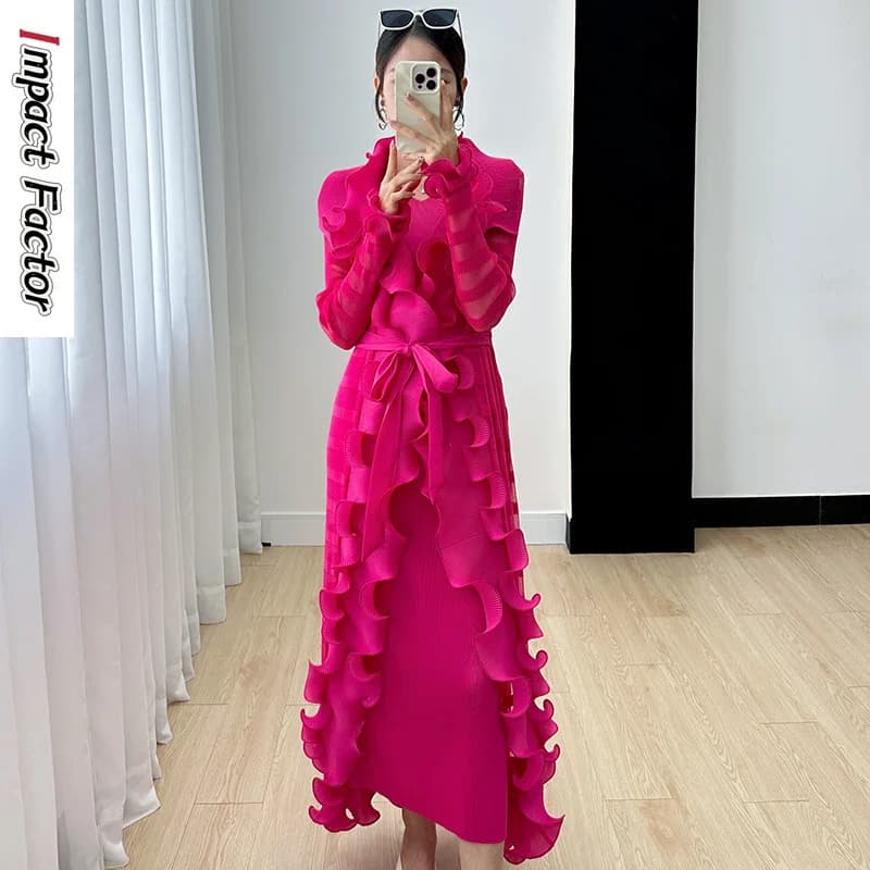 Miyake Women's Dress Women's Fall 2024 New Ruffle Edge Solid Color Versatile Elegant Tank Top Dress Pleated Windbreaker