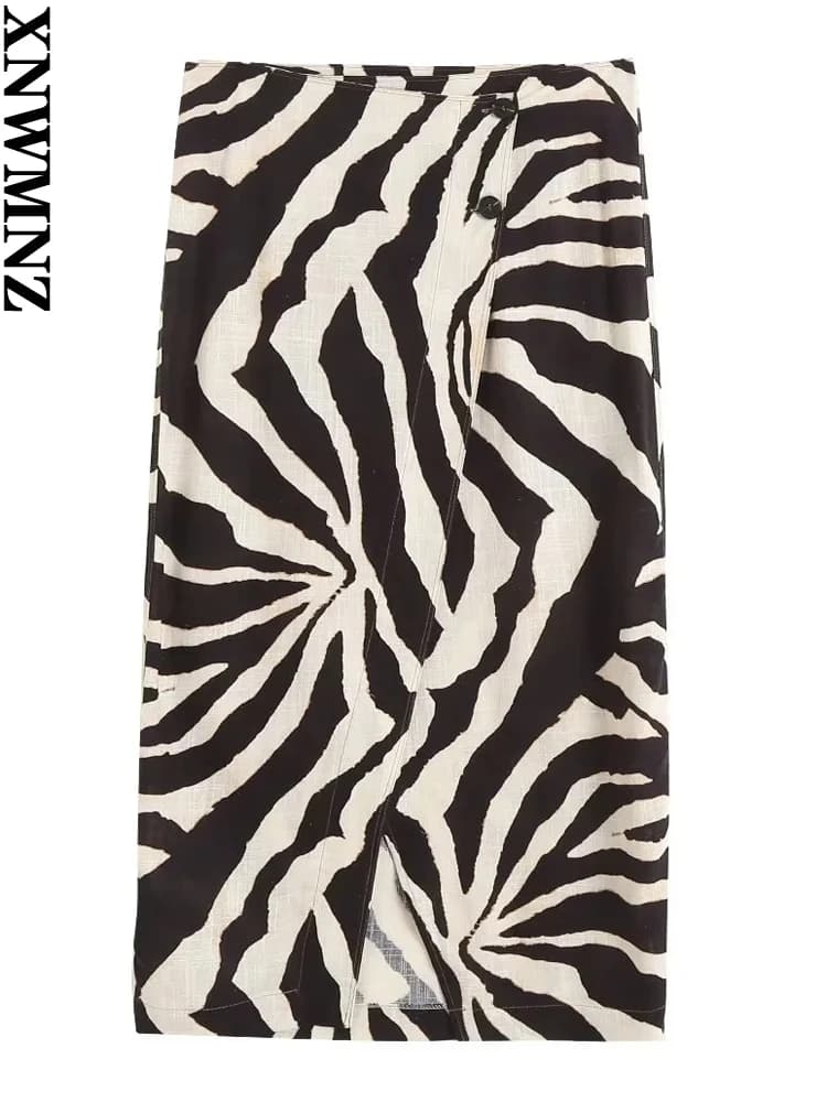 XNWMNZ New women fashion slim linen blended zebra pattern slit skirt female elegant chic casual skirt