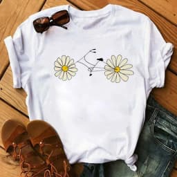 Spring Summer Ladies Floral Bicycle Pattern Fashion Cartoon Print White Letter T-shirt Woman Clothes Oversized T Shirt Tops Tee