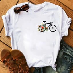 Spring Summer Ladies Floral Bicycle Pattern Fashion Cartoon Print White Letter T-shirt Woman Clothes Oversized T Shirt Tops Tee