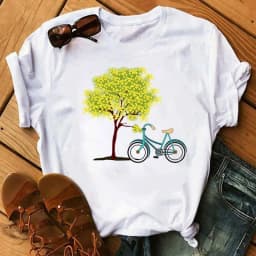 Spring Summer Ladies Floral Bicycle Pattern Fashion Cartoon Print White Letter T-shirt Woman Clothes Oversized T Shirt Tops Tee