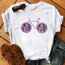 Spring Summer Ladies Floral Bicycle Pattern Fashion Cartoon Print White Letter T-shirt Woman Clothes Oversized T Shirt Tops Tee
