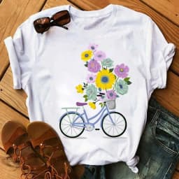Spring Summer Ladies Floral Bicycle Pattern Fashion Cartoon Print White Letter T-shirt Woman Clothes Oversized T Shirt Tops Tee