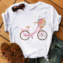 Spring Summer Ladies Floral Bicycle Pattern Fashion Cartoon Print White Letter T-shirt Woman Clothes Oversized T Shirt Tops Tee