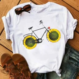 Spring Summer Ladies Floral Bicycle Pattern Fashion Cartoon Print White Letter T-shirt Woman Clothes Oversized T Shirt Tops Tee