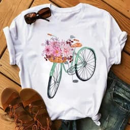 Spring Summer Ladies Floral Bicycle Pattern Fashion Cartoon Print White Letter T-shirt Woman Clothes Oversized T Shirt Tops Tee
