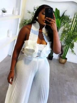 ANLAN Miyake Fold Set Women's Fashion Sleeveless Hanging Neck Top + Wide-leg Straight Pants Sexy Two-piece Sets 2025 New 9AN1502