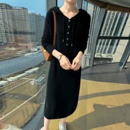 New women's hooded dress long sleeved knitted fashionable elegan sweater solid color pullover women's 100% mink cashmere dress
