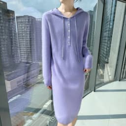 New women's hooded dress long sleeved knitted fashionable elegan sweater solid color pullover women's 100% mink cashmere dress