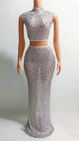 Elegant Sexy Rhinestone Two-Piece Set Evening Dress for Women Elastic Wedding Birthday Celebration Sexy Rhinestone Dress