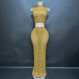Elegant Sexy Rhinestone Two-Piece Set Evening Dress for Women Elastic Wedding Birthday Celebration Sexy Rhinestone Dress
