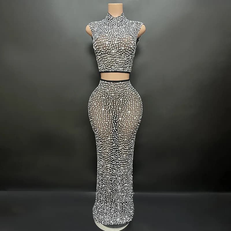 Elegant Sexy Rhinestone Two-Piece Set Evening Dress for Women Elastic Wedding Birthday Celebration Sexy Rhinestone Dress