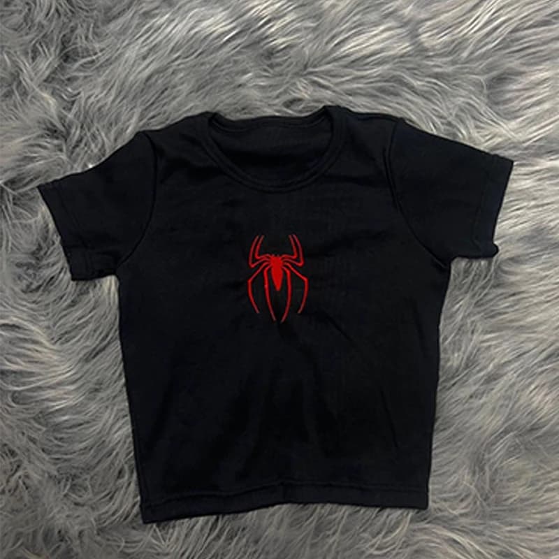Women's O-neck Red Spider Embroidery Pattern T-shirt Short Sleeve Black Gothic Crop Top Summer Baby Tee Y2k Clothes