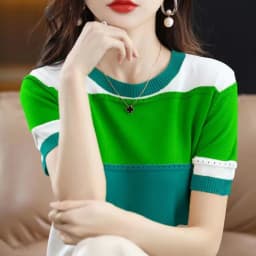 2026 Summer New Ice Silk T-shirt Short-sleeved Stripes Top Women's Round Neck Color Matching Hollow Loose Thin Knitted Sweater