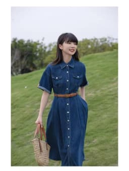 Imitation Denim Dress for Women Vintage Short Sleeve Single Breasted Slimming A-line Shirt Dresses with Belt