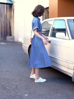 Imitation Denim Dress for Women Vintage Short Sleeve Single Breasted Slimming A-line Shirt Dresses with Belt