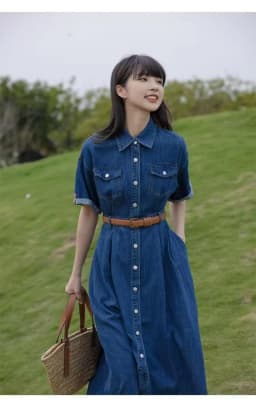 Imitation Denim Dress for Women Vintage Short Sleeve Single Breasted Slimming A-line Shirt Dresses with Belt