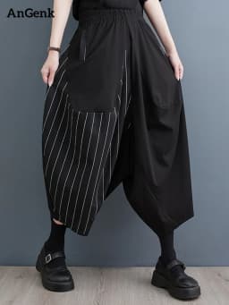 Black Vintage Patchwork Striped High Waist Wide Leg Pants Women New Loose Casual Ladies Trousers Fashion Streetwear Summer 2026