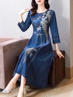 TIYIHAILEY Women Long Mid-Calf Embroidery Dress Autumn Denim M Chinese Style Cheongsam 2026 New Vintage