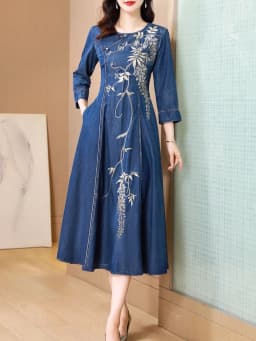 TIYIHAILEY Women Long Mid-Calf Embroidery Dress Autumn Denim M Chinese Style Cheongsam 2026 New Vintage