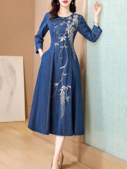 TIYIHAILEY Women Long Mid-Calf Embroidery Dress Autumn Denim M Chinese Style Cheongsam 2026 New Vintage