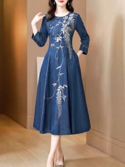 TIYIHAILEY Women Long Mid-Calf Embroidery Dress Autumn Denim M Chinese Style Cheongsam 2026 New Vintage
