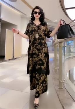 2023 Spring/Summer New Fashion Set Large Size Temperament Printed Silk Mulberry Silk Top Women Wide Leg Printed Covering Belly