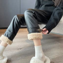2026 Winter New Women Splicing Thickened Straight High Waisted Slimming Lamb Hair Leather Pants Korean Fashion