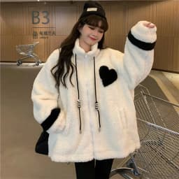 Women Jacket Lamb Plush Thickened Love Stand-up Collar Jacket Women Loose Korean Winter New Student Zipper Plus Fleece Top Tide