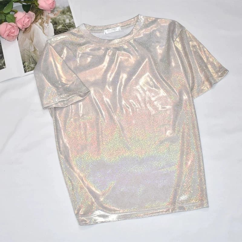 New summer retro style stylish bright silk woman tops shiny loose short sleeve t-shirt sexy club aesthetic harajuku women tshirt