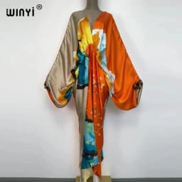 Sexy Beach High-Quality Hand-Rolled Feel Silk Rayon Fashion Print 2021 WINYI Maxi Women's Robes Long Beach V-Neck Bohemian Dress