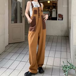 New Japanese retro flavor brown color matching neutral overalls American loose one-piece straight overalls tide 5xl
