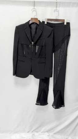 HIGH STREET Newest 2026 Designer Blazer Suit Women's Perspective Gauze Patchwork Blazer Pencil Pants