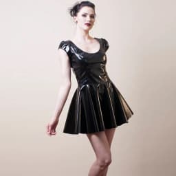 Gothic Faux Latex Mini Dress Women Sexy PVC Pleated A-line Dress Ladies Slim Short Sleeve Low Neck Wet Look Dress Summer Custom