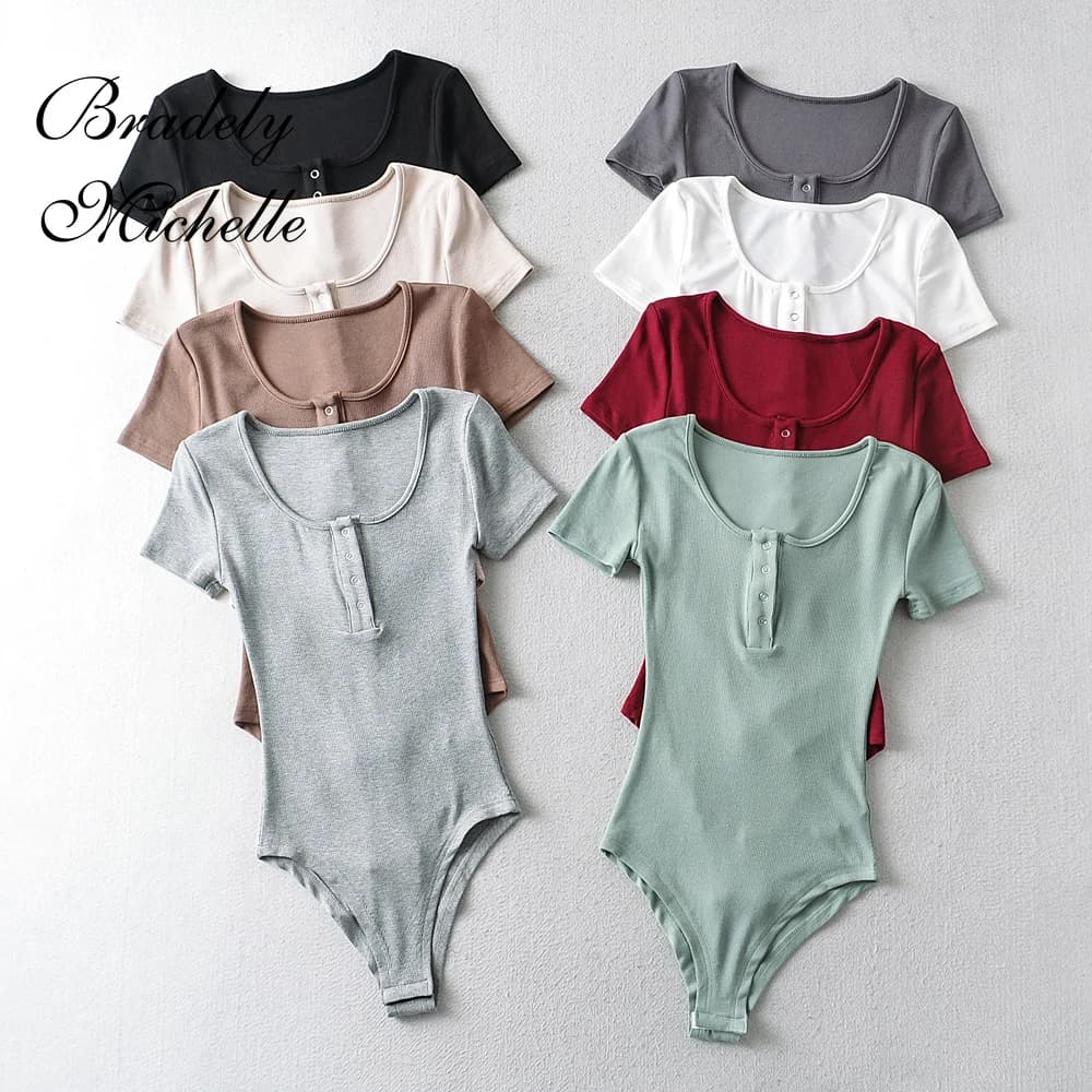 BRADELY MICHELLE Sexy Slim Thin Tops Solid Knit Short Sleeve Bottom Summer Bodysuits Women Summer Rompers