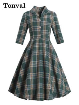 Tonval Turn-down Collar Button Up Green Plaid 2022 Autumn Winter Clothes Dresses Vintage Robe Women Elegant Swing Dress Retro