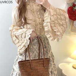 Japanese Gothic Lolita Style Shirts Women Victorian Vintage Lace Bow Long Sleeves Blouse Female Elegant Ruffles Collar Slim Tops