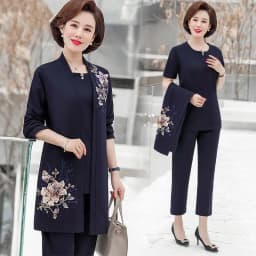 Womens 2022 Spring Autumn Elegant Three Piece Sets Floral Printed Long Coat + Short Top And Loose Pants Suits 4XL 2344