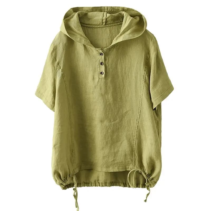 Cotton Linen T Shirts Women Vintage Hooded T-shirt Casual Loose Drawstring Swing Short Sleeve Tops Summer Trend Thin Tshirt Y2k