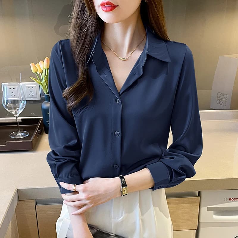 New Spring satin shirts solid color office ladies shirts fashion Women Blouses Long Sleeve Tops Blusas Mujer