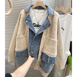Women's 2023 Autumn/Winter Korean Edition Vintage Personalized Patchwork Denim Coat Lazy Knitted Sweater Cardigan Fashion Jacket